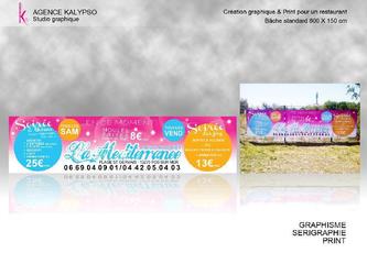 Ici, en totale inspiration concernant le design de mise en page, j'ai réalisé avec un code couleur flashy estival (pour permettre une visibilité de loin et d'attirer les regards) une bâche pour un de mes clients restaurants. J'ai pris une photo afin de vous montrer l'impact visuel d'une telle publicité en ville de 6m x 1,5m !